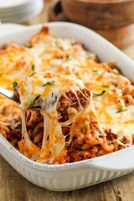 Cheesy Beef & Macaroni Casserole being served