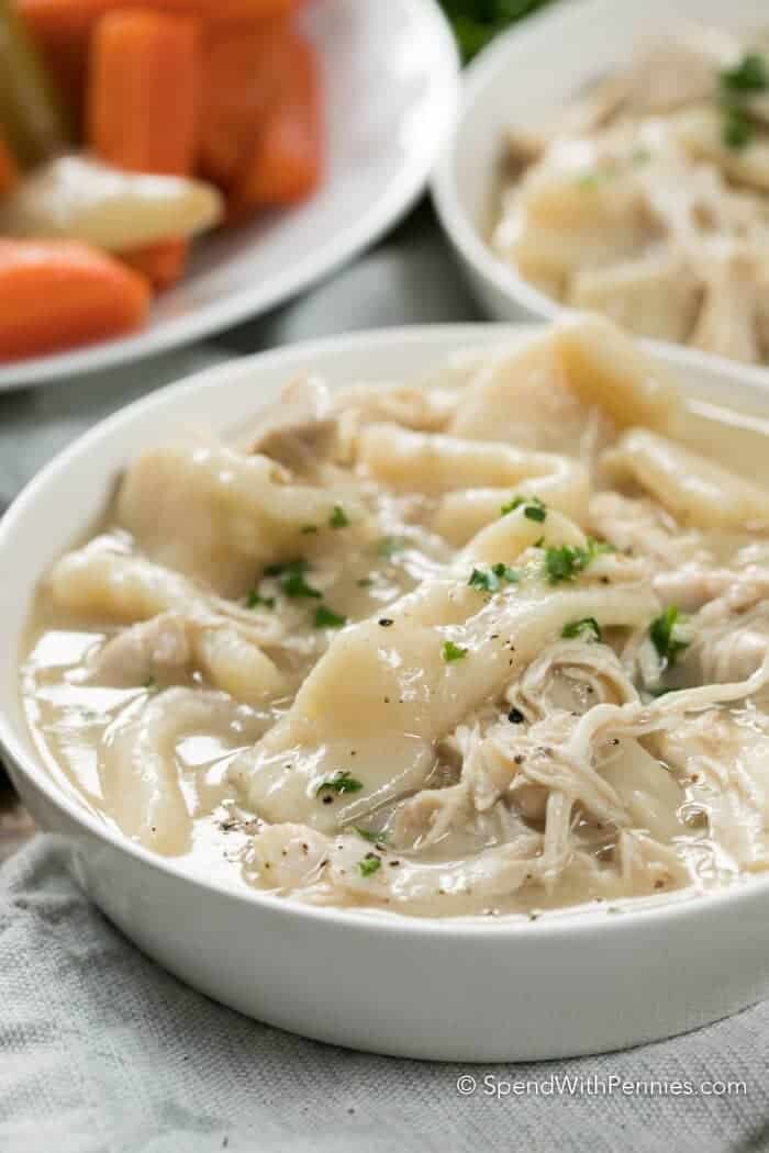 Chicken and Dumplings in a white bowl