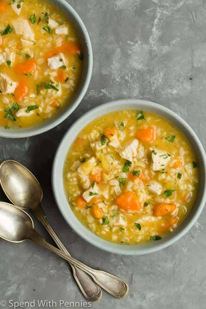 chicken and rice soup in bowls