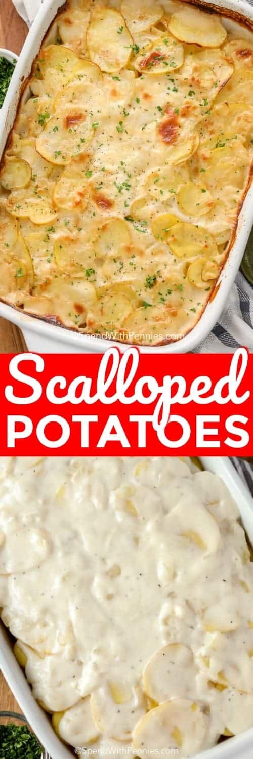 scalloped potatoes in baking dishes with text