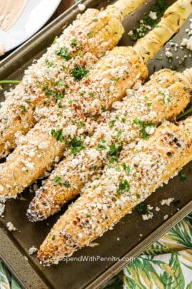 Mexican Grilled Corn Elote on a baking tray