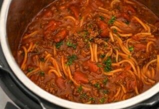 Cooked spaghetti and meat sauce in an instant pot