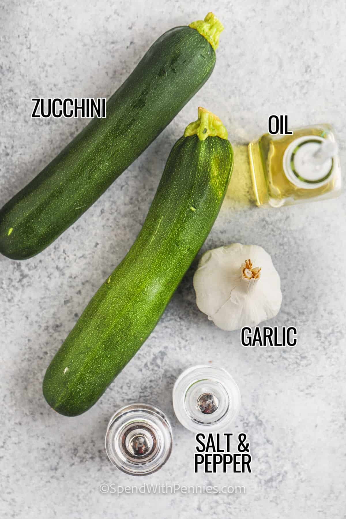 zucchini , oil , garlic and salt and pepper to make Sauteed Zucchini with labels