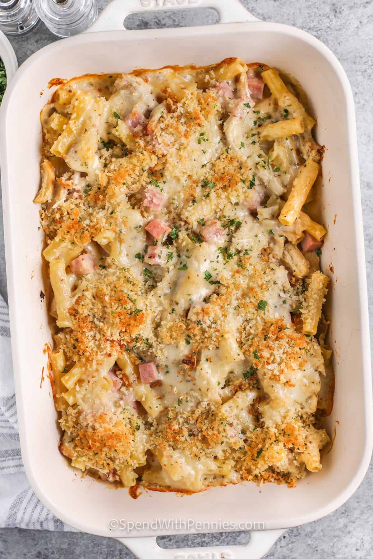 Chicken Cordon Bleu Casserole cooked in a dish