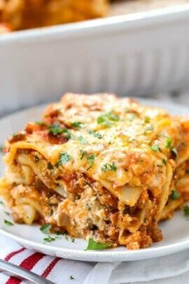 baked Easy Homemade Lasagna slice on a plate