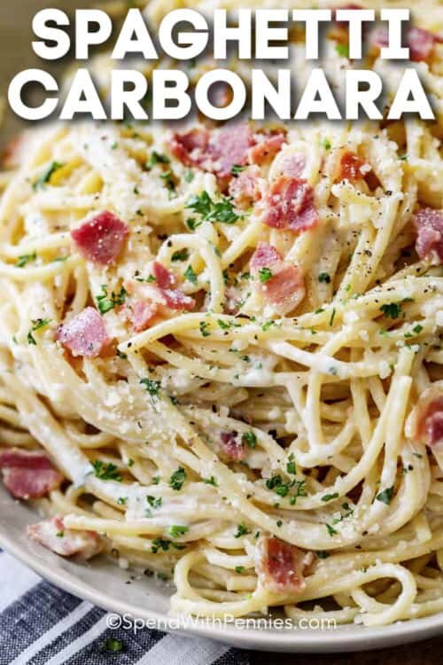 close up of plated Spaghetti Carbonara with a title