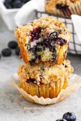 Blueberry muffins with a streusel topping stacked