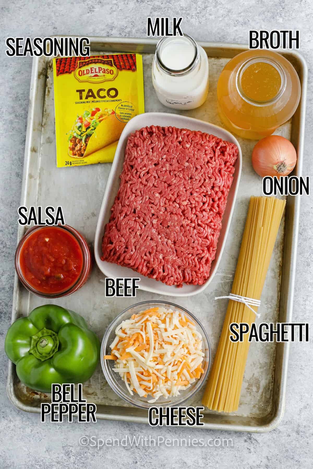 taco seasoning , milk , broth , beef , onion , spaghetti , cheese , bell pepper and salsa with labels to make Taco Spaghetti