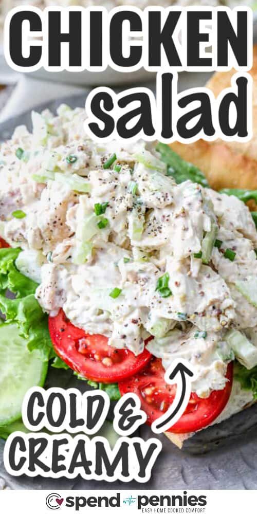 cold and creamy Chicken Salad with writing