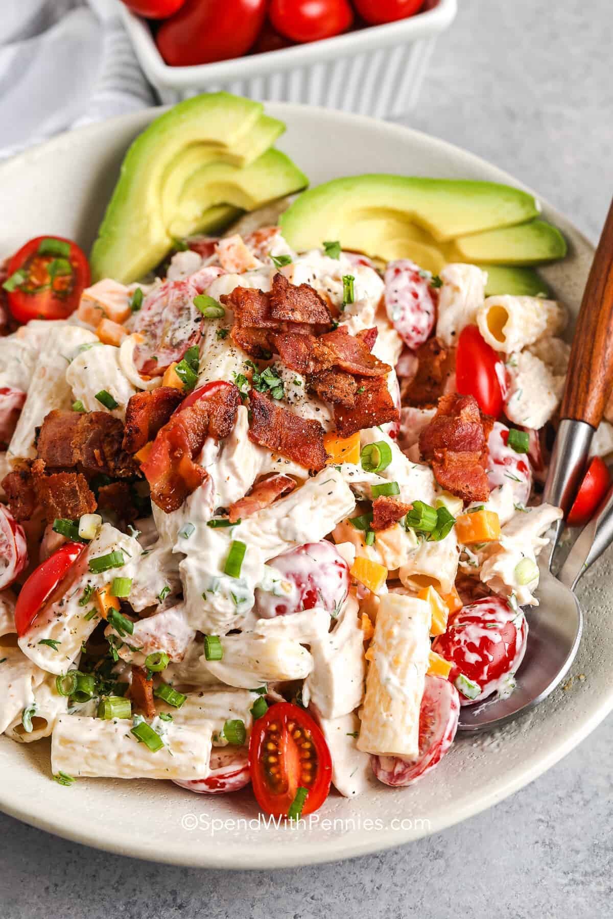 Bacon Ranch Pasta Salad with tomatoes and avocado