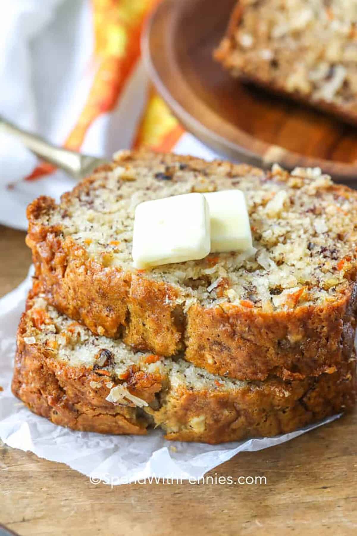 Carrot Banana Bread with coconut and walnut with butter