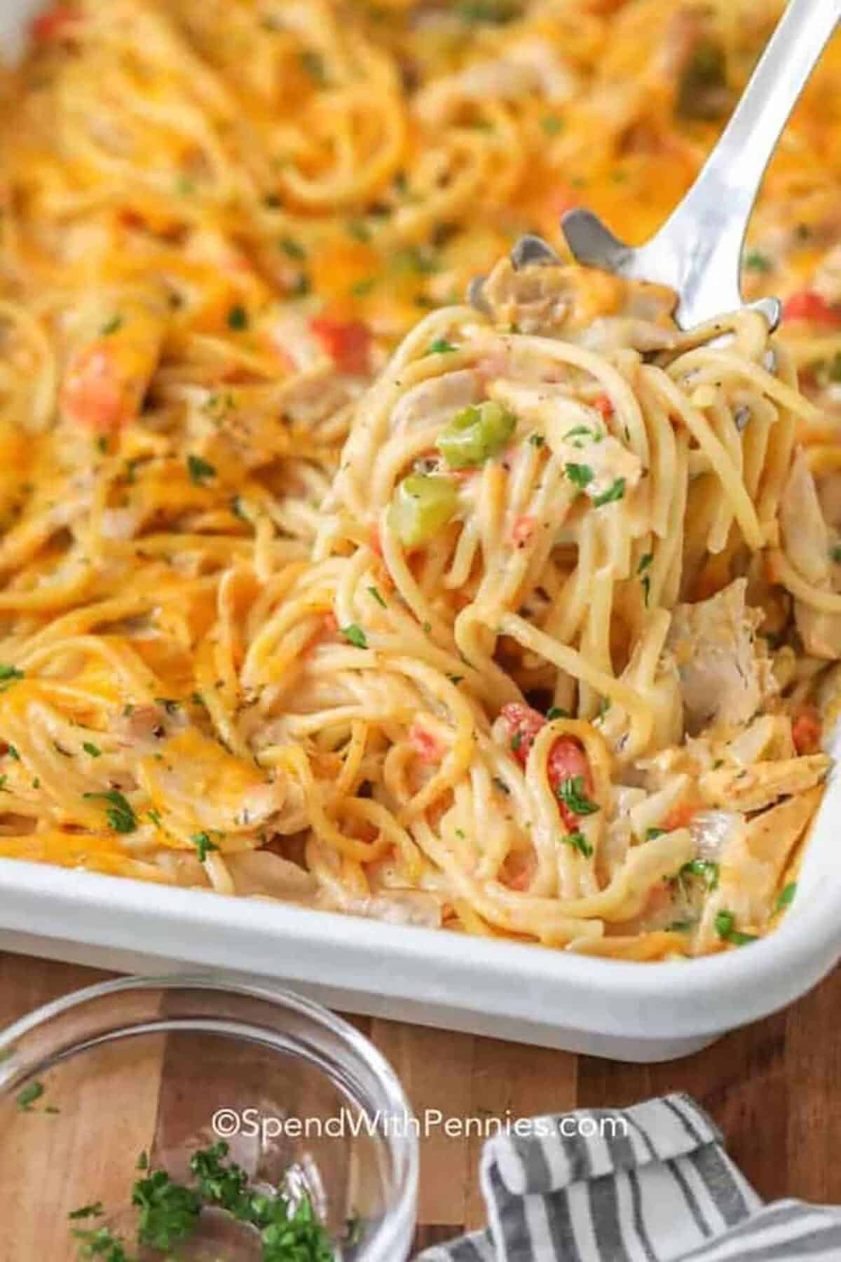 casserole dish of Homemade Chicken Spaghetti