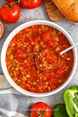 bowl of Stewed Tomatoes with vegetables and bread around it